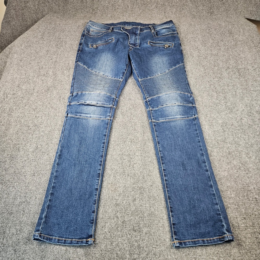 Balmain Paris Mens Blue Biker Jeans Moto Ribbed Denim Made in Italy Size 38